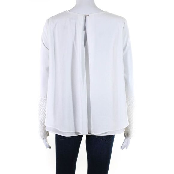 Ellelauri Womens Round Neck Long Sleeve Lace Trim Blouse White Size M - Picture 3 of 7